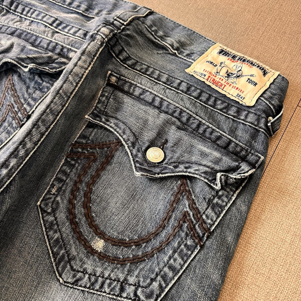 True Religion Jeans Mens 33x32 Ricky Super T Black Super ThickStitching