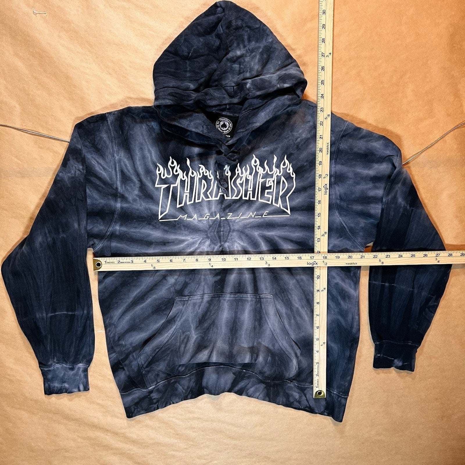 Thrasher Hoodie Sweatshirt Mens S Gray Tie Dye Flame Graphic Fleece Pullover