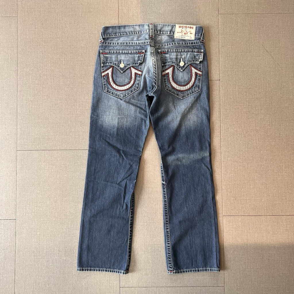 True Religion Jeans Mens 36x32 Blue Denim Embroidery Super Thick Stitch