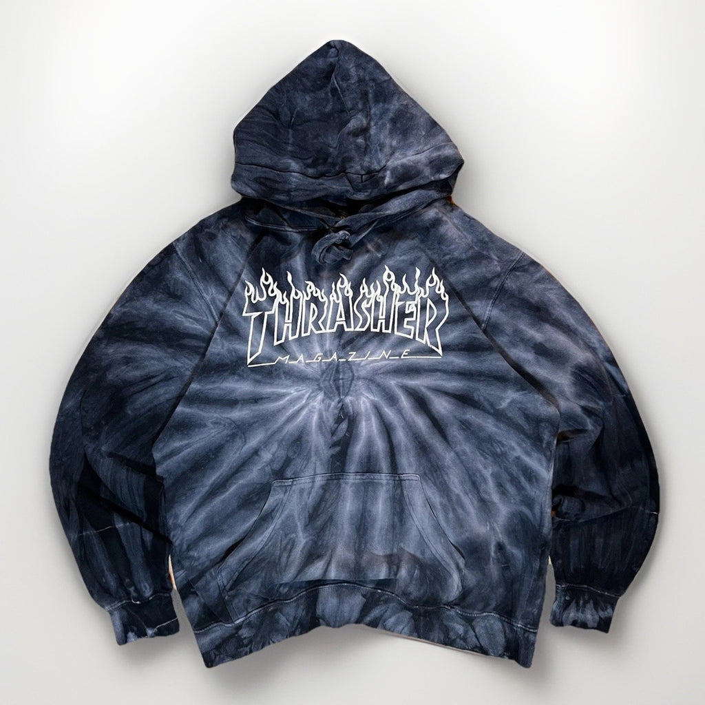 Thrasher Hoodie Sweatshirt Mens S Gray Tie Dye Flame Graphic Fleece Pullover