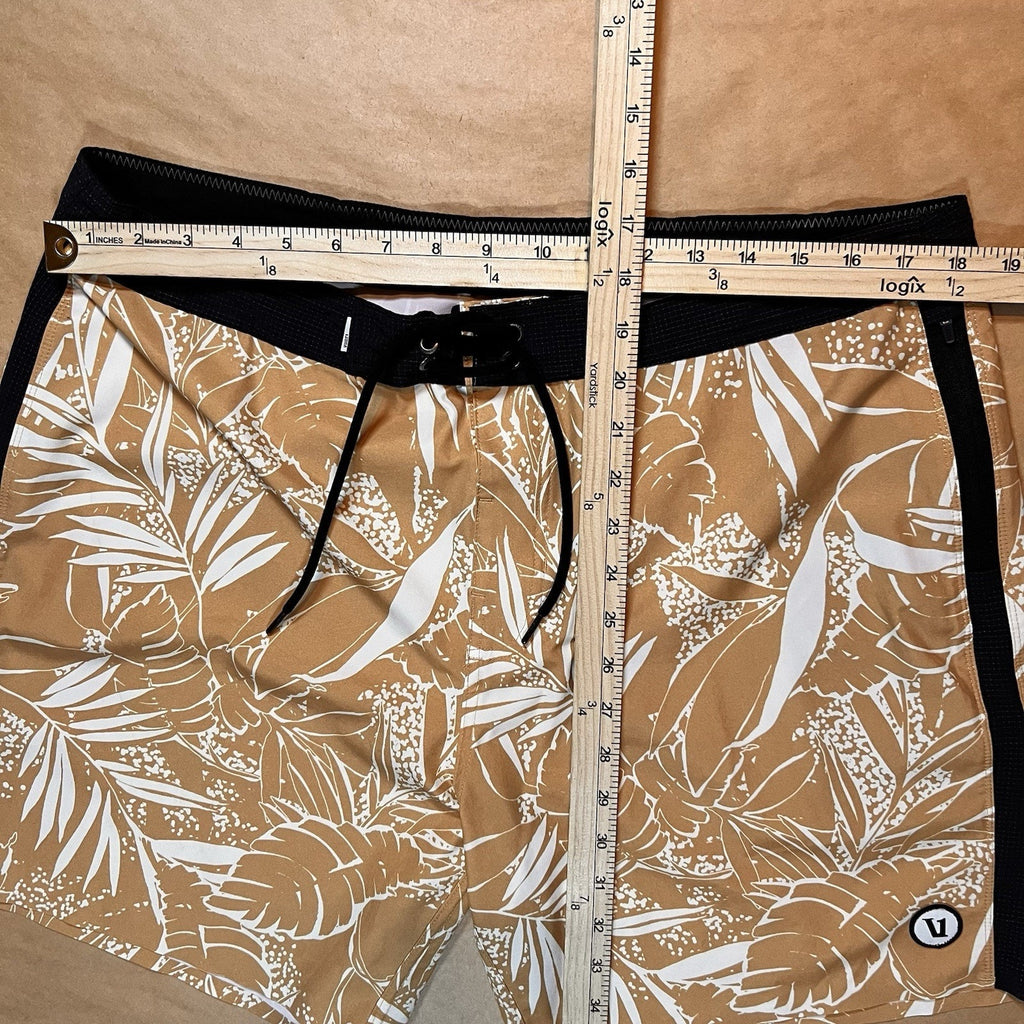 Vuori Cruise Board Shorts Mens 36 Yellow Floral Leaf Beach Boat Surf Swim Vacay