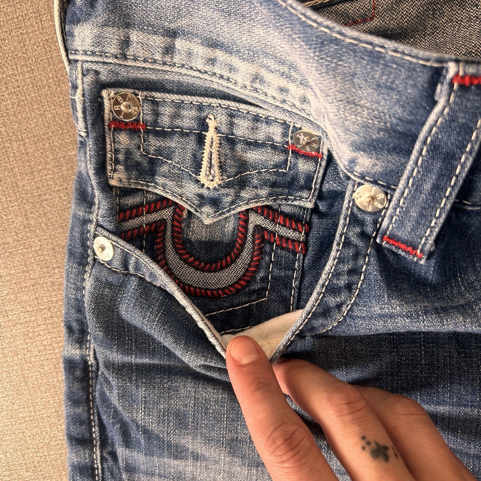 True Religion Jeans Mens 36x32 Blue Denim Embroidery Super Thick Stitch