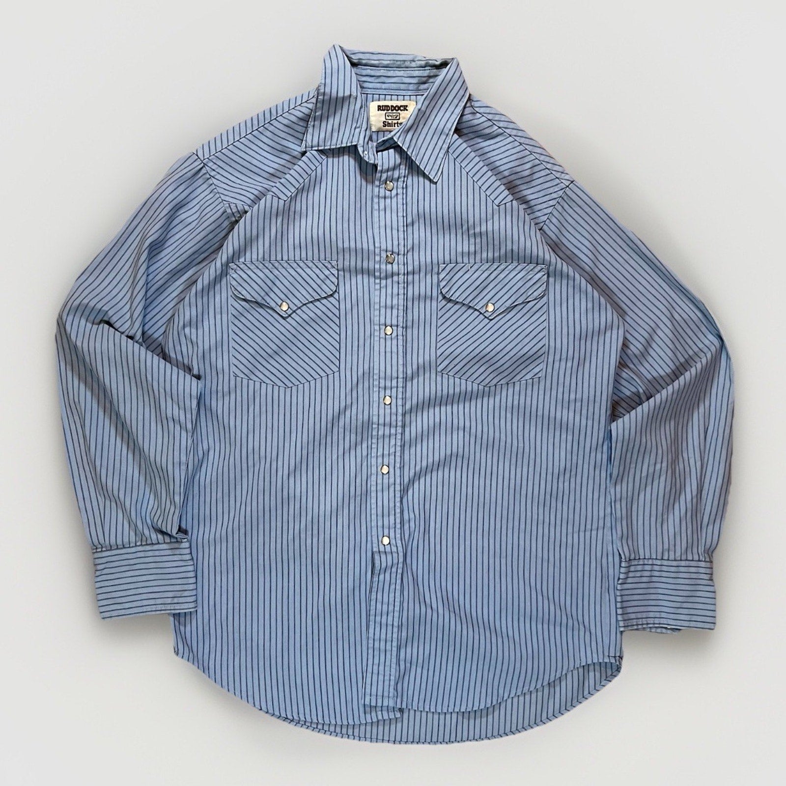 VTG Ruddock Shirt Mens Sz XL Baby Blue Striped Pearl Snap Western Rodeo Cowboy