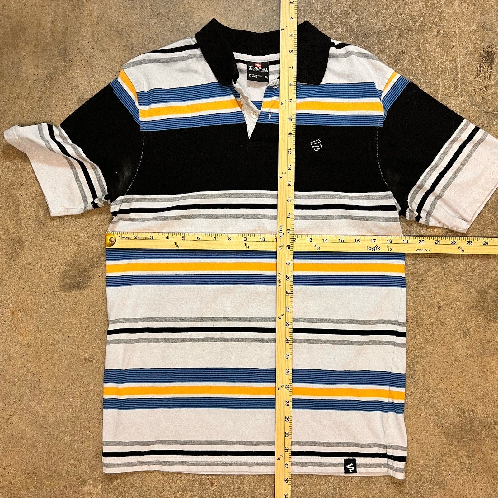 Southpole Polo Shirt Mens Large Blue Black Striped Short Sleeve Hip Hop Y2K