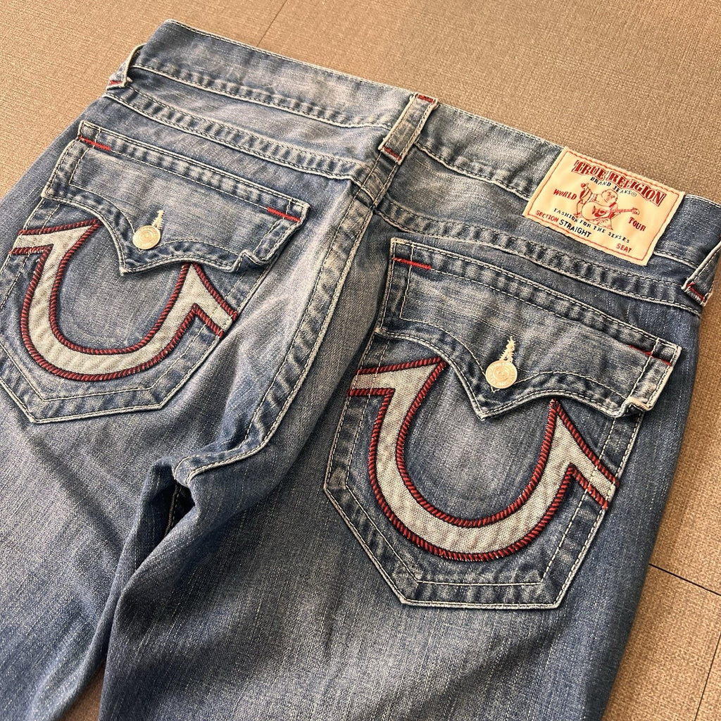 True Religion Jeans Mens 36x32 Blue Denim Embroidery Super Thick Stitch
