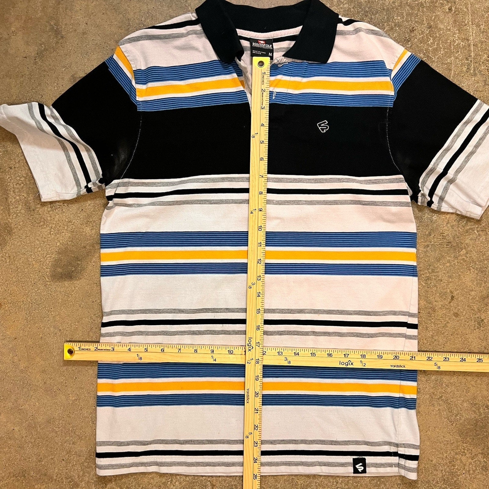 Southpole Polo Shirt Mens Large Blue Black Striped Short Sleeve Hip Hop Y2K