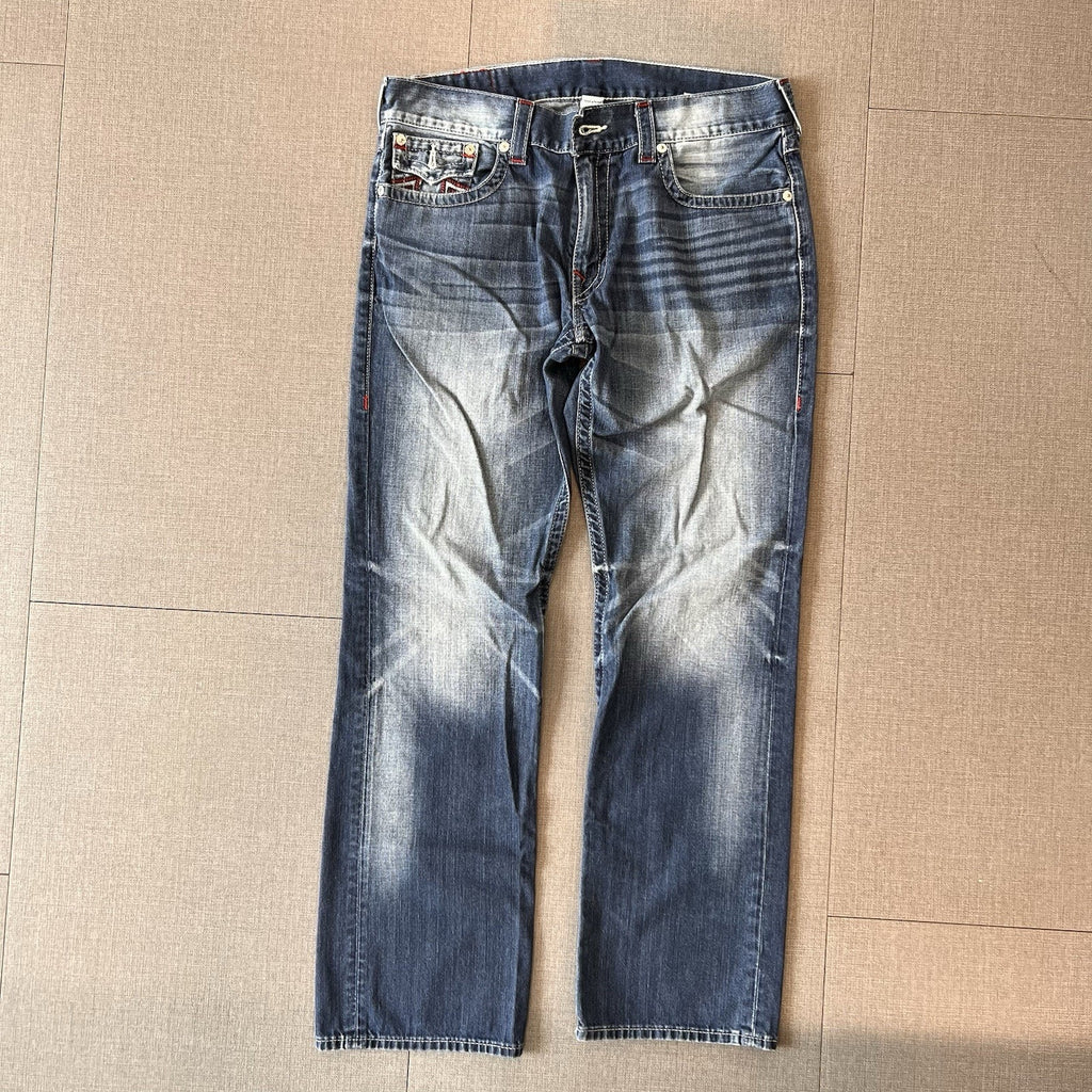 True Religion Jeans Mens 36x32 Blue Denim Embroidery Super Thick Stitch