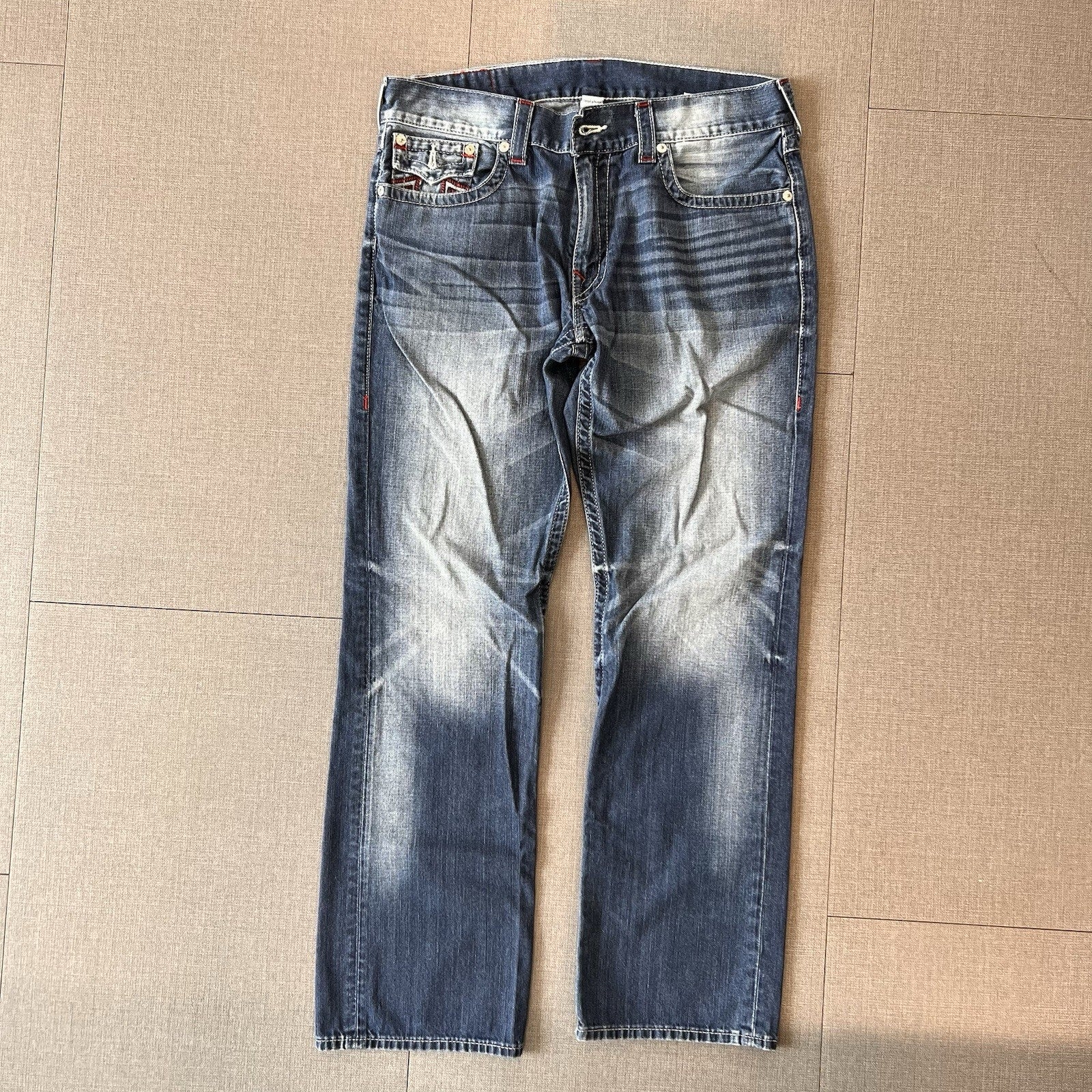 True Religion Jeans Mens 36x32 Blue Denim Embroidery Super Thick Stitch
