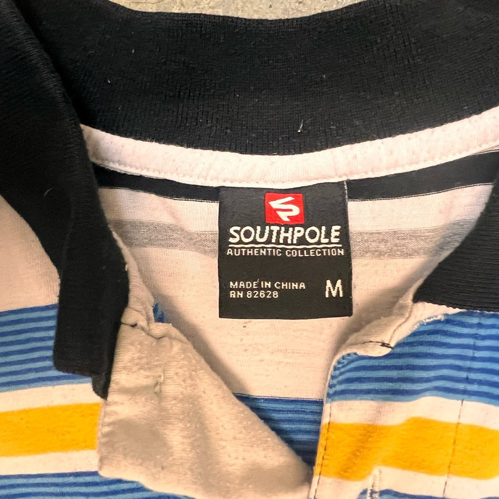 Southpole Polo Shirt Mens Large Blue Black Striped Short Sleeve Hip Hop Y2K