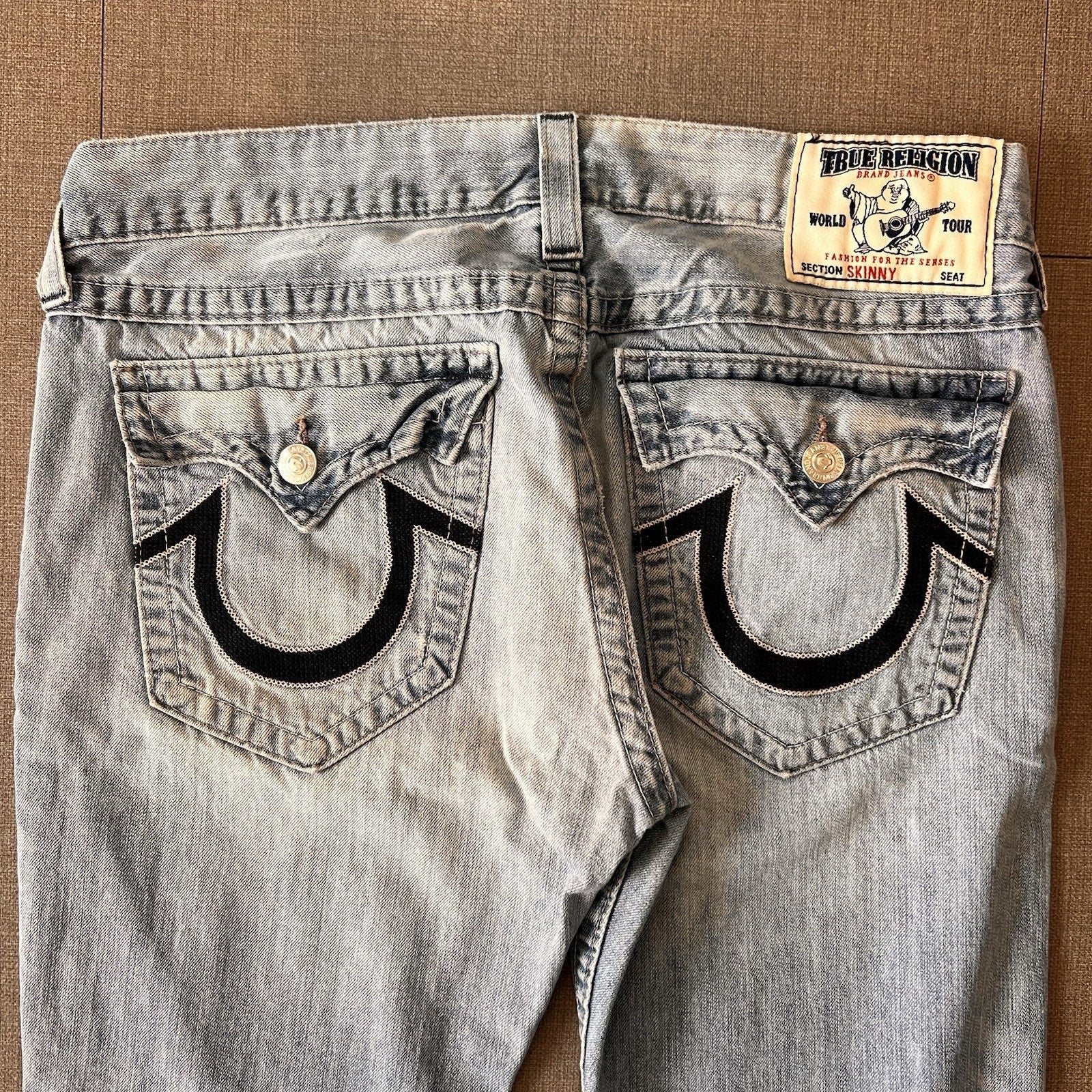 True Religion Jeans Mens 36x32 Blue Denim Skinny Super T Black Thick Stitch