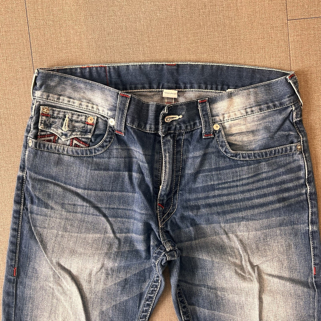 True Religion Jeans Mens 36x32 Blue Denim Embroidery Super Thick Stitch