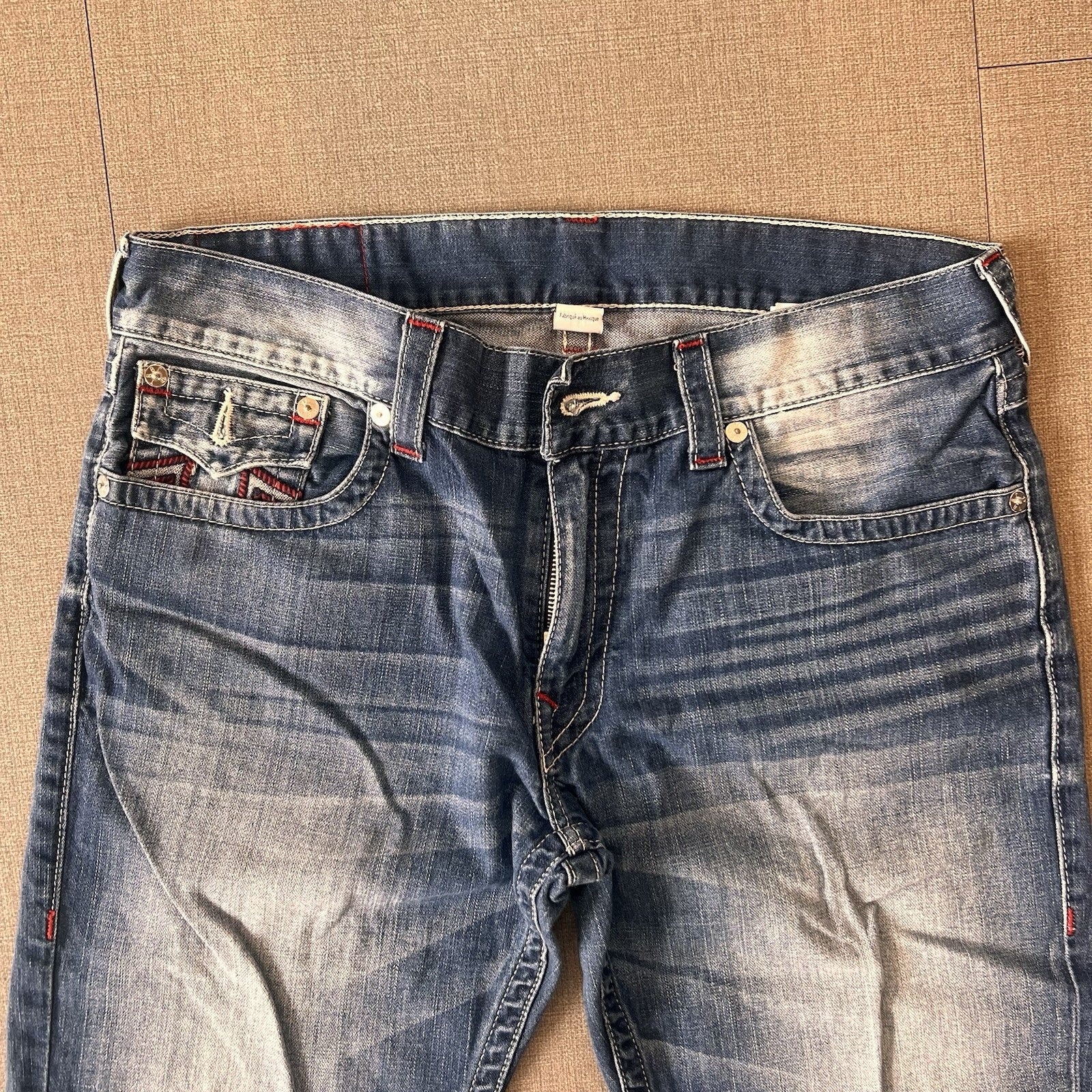 True Religion Jeans Mens 36x32 Blue Denim Embroidery Super Thick Stitch