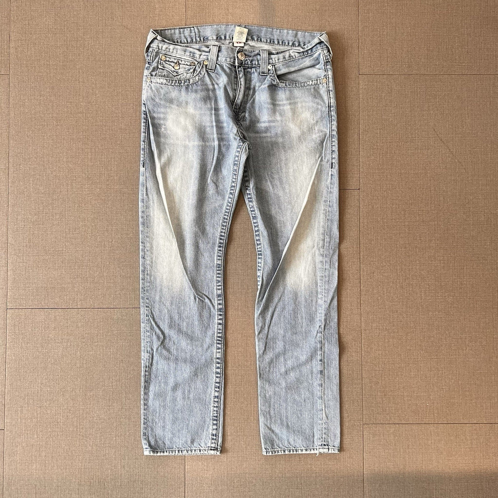 True Religion Jeans Mens 36x32 Blue Denim Skinny Super T Black Thick Stitch