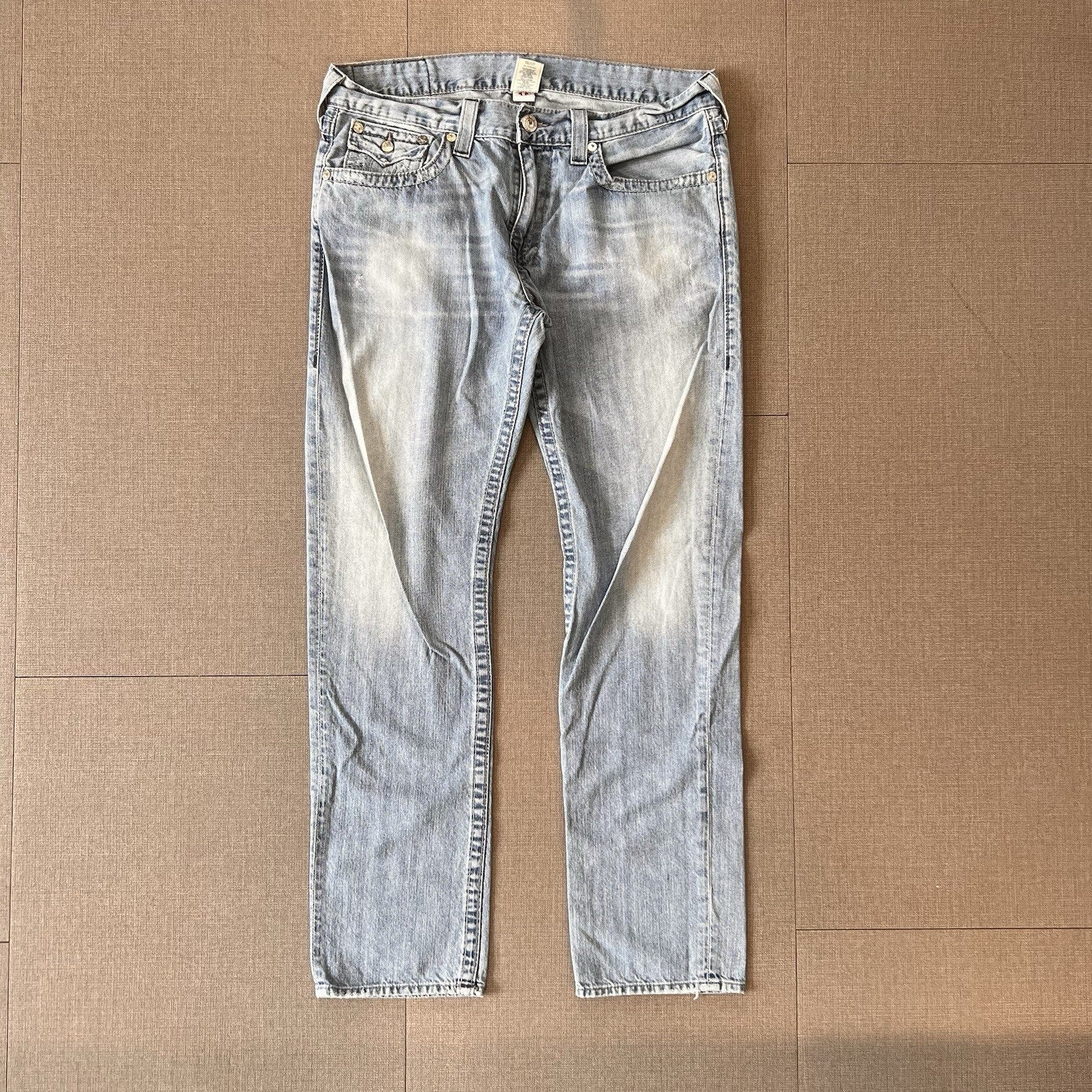 True Religion Jeans Mens 36x32 Blue Denim Skinny Super T Black Thick Stitch
